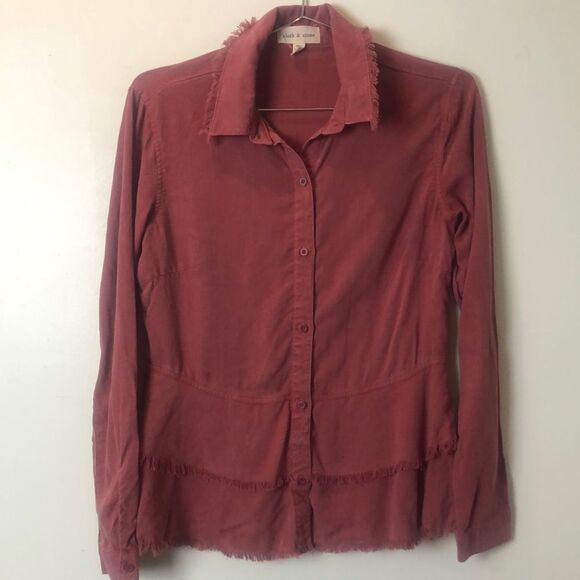 Anthropologie Cloth & Stone Pink Red Tiered Fringe Button Down Top Size XS / Ext - Picture 1 of 14
